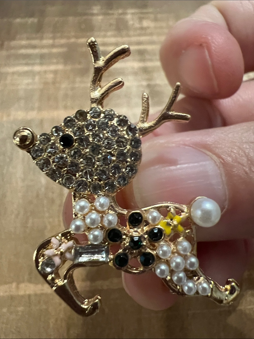 3/$18 Gold-Tone Pearl & Crystal Reindeer Brooch - Holiday Jewelry Lot 1036